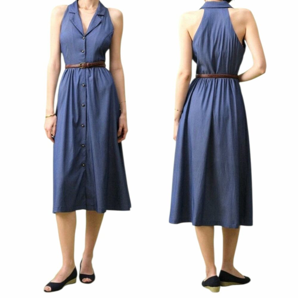 Rihoas The Lapel Sleeveless Midi Dress Womens Small Blue Chambray Button Up - Picture 2 of 12